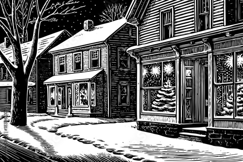 snowy Christmas village street photographed in black and white highlights nostalgic architecture, glowing windows, and charming seasonal atmosphere