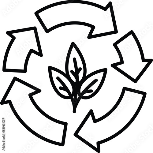 Circular arrows symbolizing sustainability and natural growth with a leaf icon