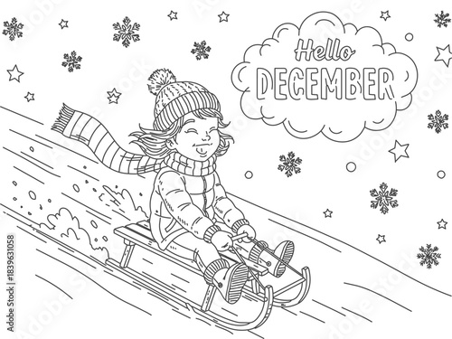 A happy cartoon girl sledding down a snowy hill with snowflakes falling, and a cloud saying "Hello DECEMBER" in a winter coloring page.