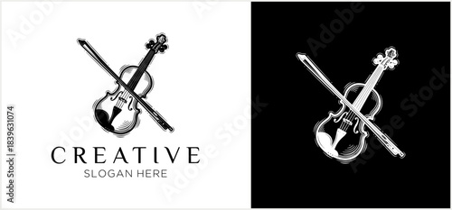 Violin and pencil merged into artistic monochrome creative emblem.