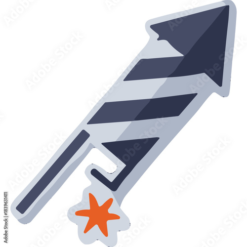 A dark blue and gray striped rocket firework with an orange explosion at its base isolated on a black background representing celebration and holiday events