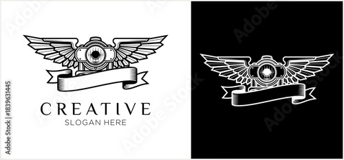 Winged camera emblem with vintage banner in monochrome style.