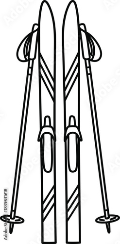 Classic black and white illustration of skis and ski poles