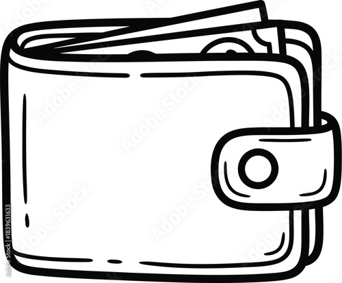 Hand drawn black and white sketch of a simple leather wallet filled with cash