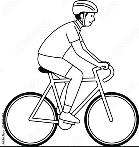 Line art illustration of a cyclist wearing a helmet riding a bicycle