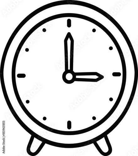 Simple hand drawn alarm clock icon showing three o clock