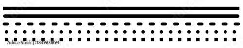 Collection of long straight lines, dashed line, and dotted lines. Straight divider set vector illustration. Abstract black lines and dots pattern with horizontal stripes