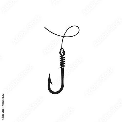 Minimalist black fishing hook with a tied line simple vector illustration isolated on white perfect for angling