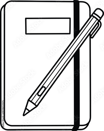 Simple hand drawn sketch of a notebook with a pen attached