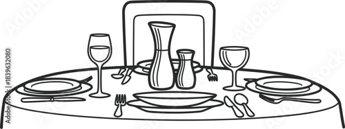 Elegant dining table setting with wine glasses and carafe illustration