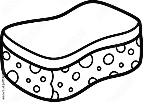 Simple black and white line drawing of a cleaning sponge with circles