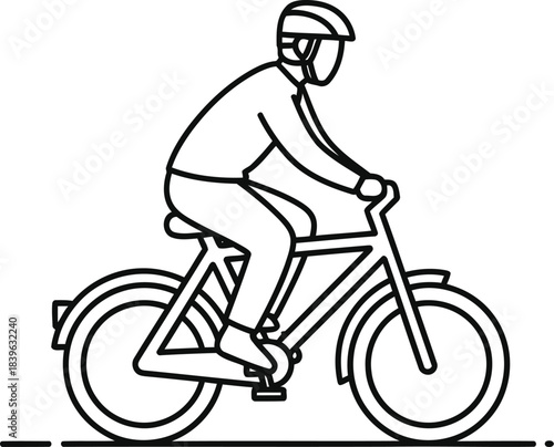 Simple line drawing of a cyclist riding a bicycle wearing a helmet