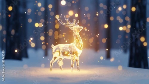 Glowing crystal reindeer in snowy winter forest, Christmas decoration and festive holiday light