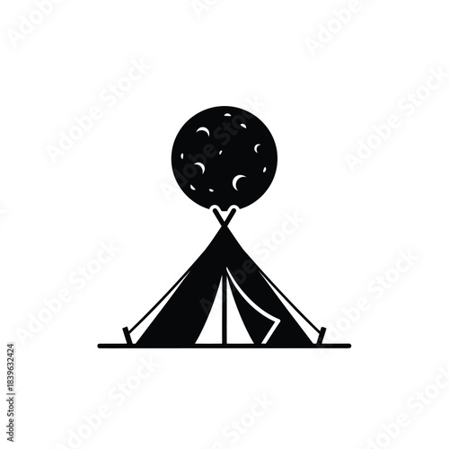 Minimalist black silhouette of a teepee under a crescent moon a flat design vector for camping and night sky concepts