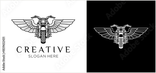 Winged motorcycle front emblem in bold vintage monochrome style.