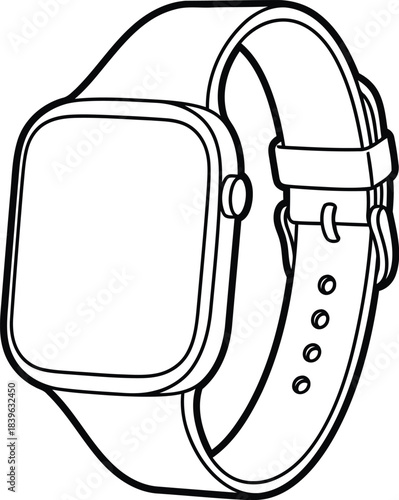 Hand drawn sketch of a modern smartwatch with a blank screen and strap