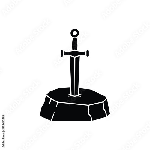 Black silhouette icon of a legendary sword in a stone symbolizing power and destiny perfect for fantasy designs or game 