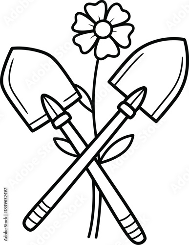 Simple line drawing of two crossed garden trowels and a blooming flower