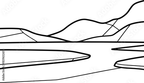 Abstract minimalist landscape drawing of rolling hills and a winding river