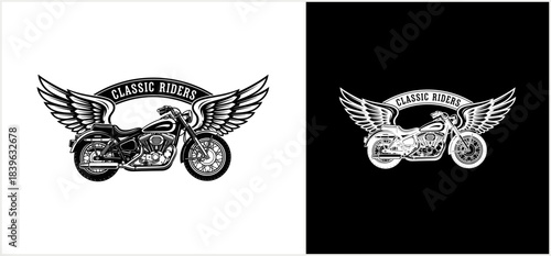 Classic motorcycle with feathered wings and a "CLASSIC RIDERS" banner, presented as a monochrome emblem design.
