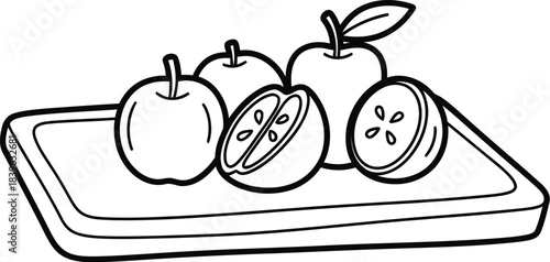 Hand drawn sketch of apples and sliced apples on a cutting board
