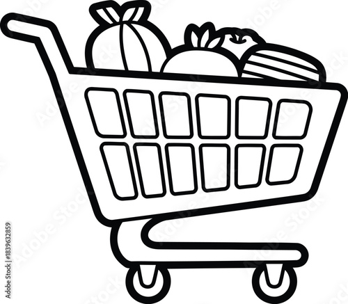 Black and white outline drawing of a full grocery shopping cart with produce
