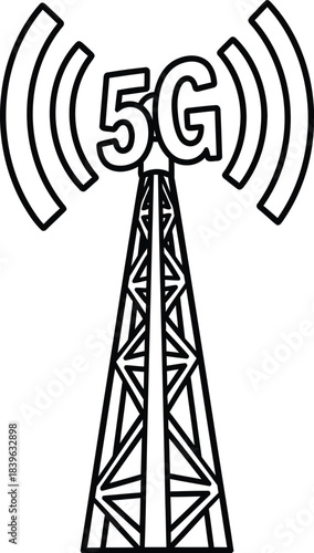 Simple line art illustration of a 5g cell tower broadcasting signals