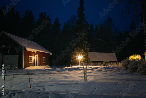 Wooden buildings against the backdrop of a forest on a winter evening
