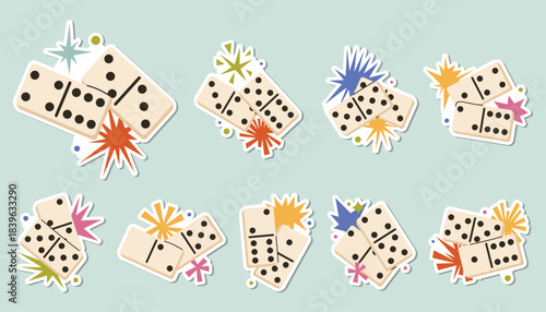 Set of fun domino game pieces with star compositions designed as playful stickers. Bold shapes and bright colors in cartoon flat style perfect for game themes, decor accents and creative projects.
