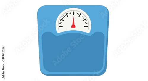 A simple blue bathroom scale displaying a weight measurement with a red pointer