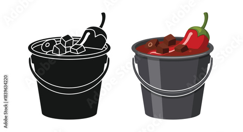 Two buckets one with ice and the other with hot sauce and peppers