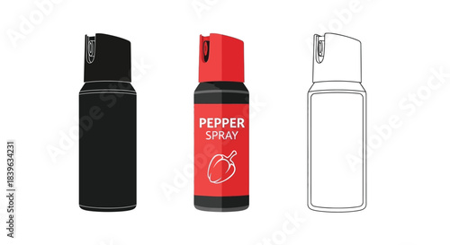 Three depictions of pepper spray containers in different color schemes
