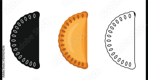 A visual representation of an empanada in three different color schemes