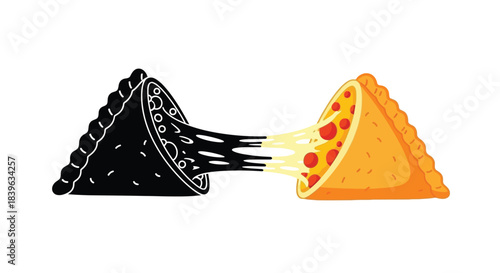 A visual contrast black and orange pierogi with cheese filling flowing out
