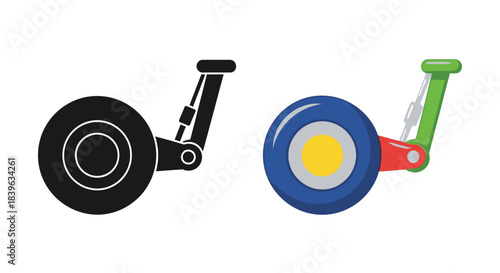Illustration of a toy vehicle wheel and suspension components in color and monochrome