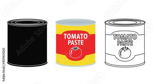 Three cylindrical cans one black two labeled tomato paste displayed side by side