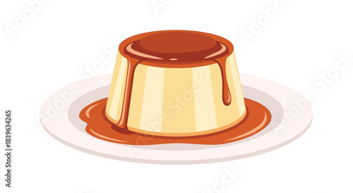 A delicious caramel flan dessert served on a white plate illustration
