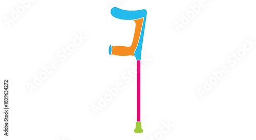 A colorful crutch with a blue cuff orange body and pink shaft illustration