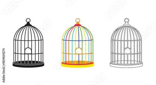 Three birdcages in different styles black colorful and grayscale outline