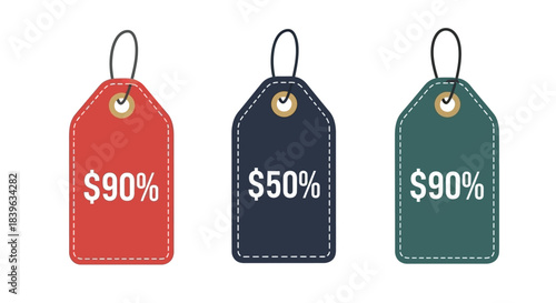 Three colorful price tags displaying various discount percentages for sales