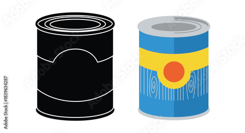 Two metal food cans one outline one colored with label details