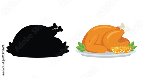 Roasted turkey illustration with a silhouette and colorful version for comparison