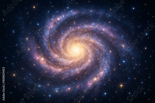 Spiral galaxy with a bright yellow star in the center. The galaxy is filled with stars and is surrounded by a dark blue sky