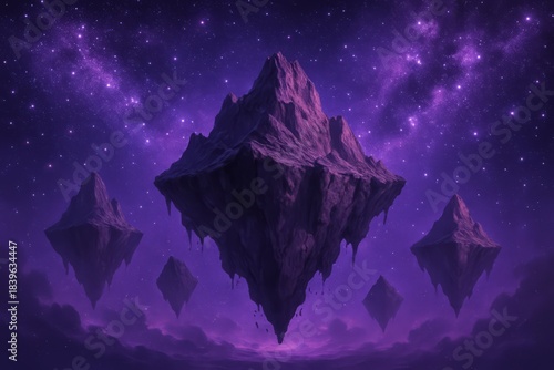Purple sky with a mountain in the middle and four other mountains surrounding it