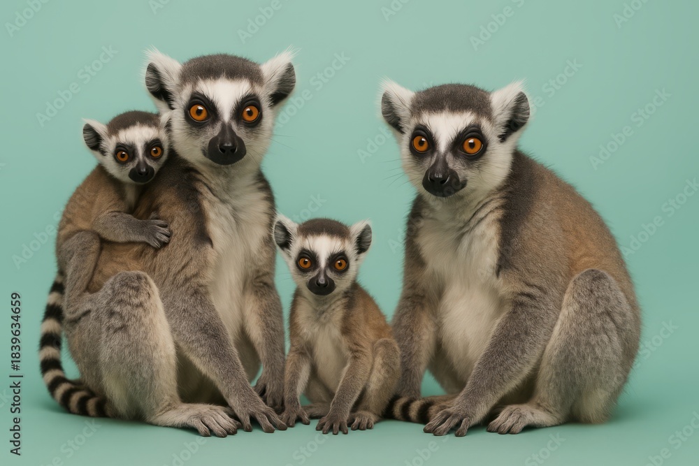 Obraz premium Family of lemurs are sitting together on a green background. The lemurs are of different sizes, with the smallest one being the one in the middle