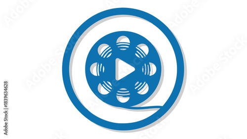 Abstract blue and white film reel with play button icon symbolizing motion picture and video creation on black background