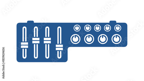 Abstract Blue Audio Mixer Console With Faders and Knobs on Black Background Graphic Design Element