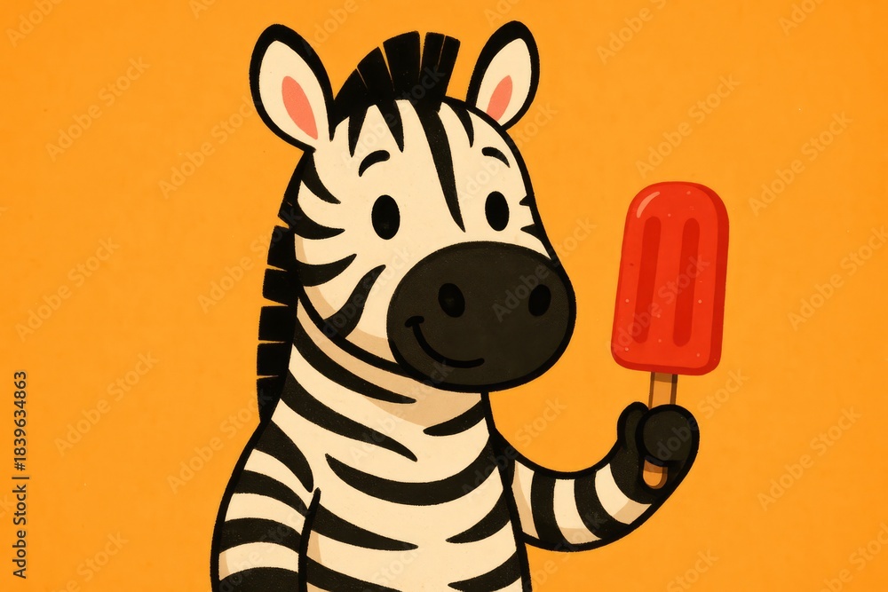 Obraz premium Zebra is holding a red popsicle stick. The zebra is smiling and he is enjoying the popsicle