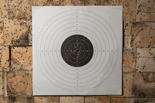 Paper target for shooting practice mounted on a rustic wooden wall with visible bullet holes, indicating a high-score attempt.