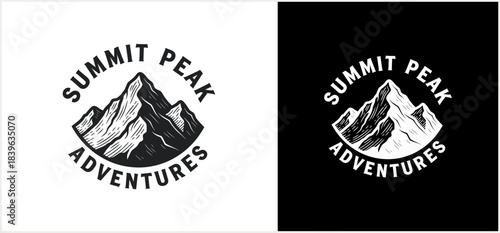 Vintage mountain adventure emblem with bold monochrome style.